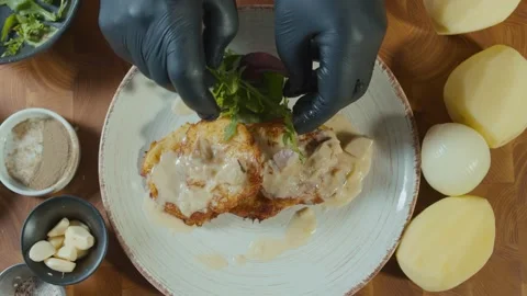 Professional Cook Stylishly Serving Crust Golden Potato Pancakes With Mashrooms Stock Footage 196259193