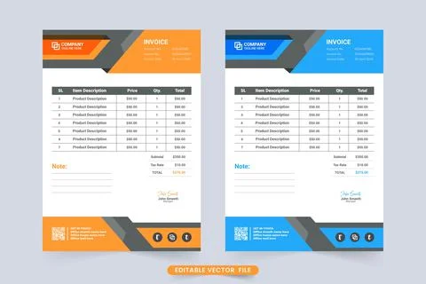Professional corporate invoice template vector with blue and orange colors. B Stock Illustration