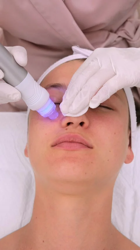 Professional cosmetologist performing a hydrafacial procedure on a young woman's Vídeos de archivo 337706769