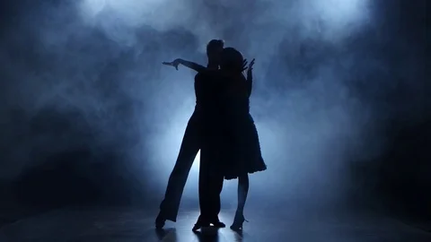 Professional couple of tango dancers posing in smoky studio, silhouette Vídeo Stock 74059101