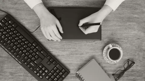 Professional creative graphic designer desk in black and white Stock Footage 60916464