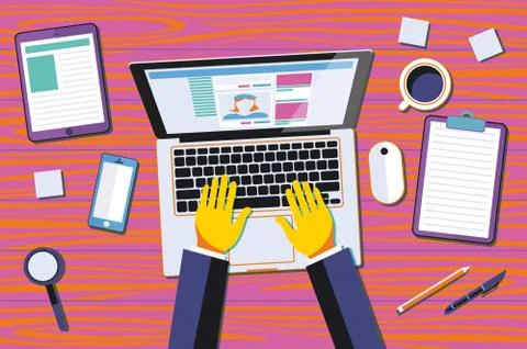 Professional creative graphic designer working at office desk, he is design.. Stock Illustration