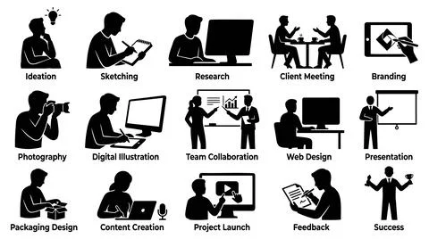 Professional creative workflow icon set business development silhouettes Иллюстрация
