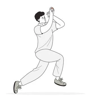 Professional Cricket Bowler Throwing Red Ball. Athlete In Uniform Pitching .. 库存插图