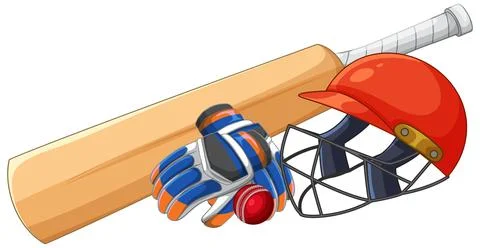 Professional Cricket Equipment Set with Bat Helmet Glove and Ball Stock Illustration