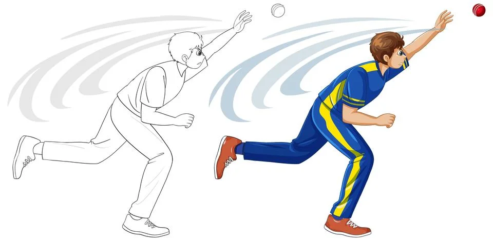 Professional Cricket Player Throwing Ball in Motion with Line Art Version Stock Illustration