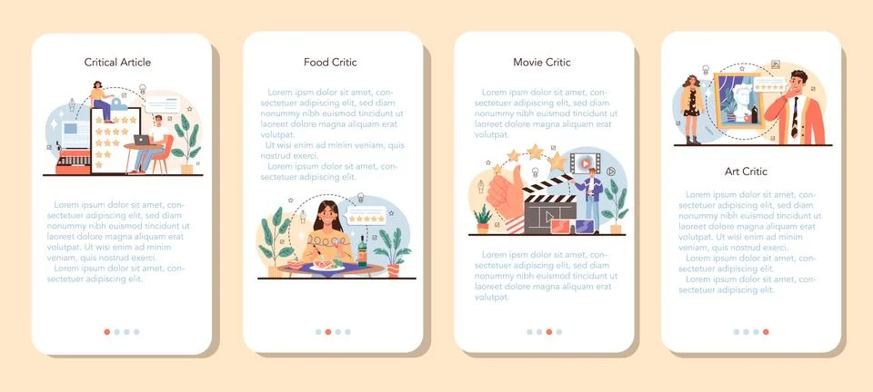 Professional critic mobile application banner set. Journalist making review Stock Illustration