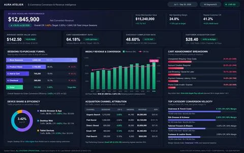 Professional dark mode data dashboard displaying retail sales metrics, conver Stock Illustration