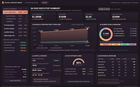 Professional dark mode data visualization dashboard displaying logistics reve Stock Illustration