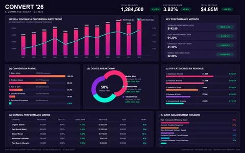 Professional dark mode digital dashboard displaying retail sales data, conver Stock Illustration