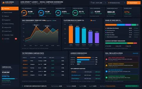Professional dark mode interface displaying data visualizations, engagement t Illustrazione stock