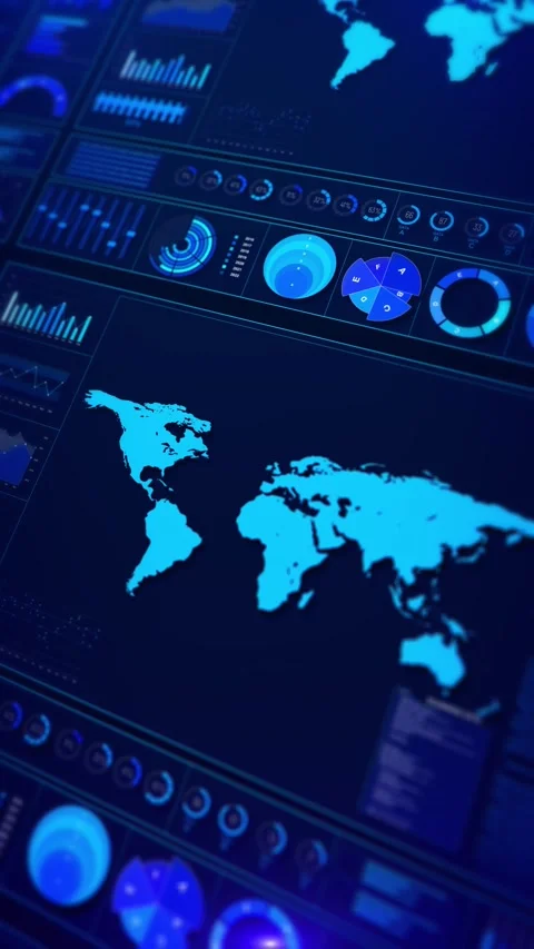 Professional dashboard interface showing world map charts analytics data for bus Stock Footage 341905246