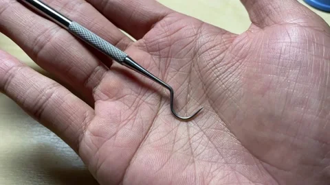 Professional dental scraper tool stainless for tooth stains remover on male hand Stock Footage 248205377