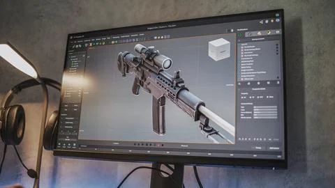 Professional design software with 3D model of sniper rifle on computer monitor 스톡 사진
