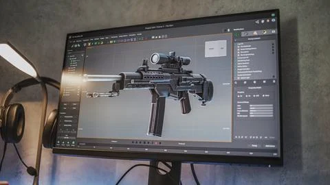 Professional design software with 3D model of sniper rifle on computer monitor Stock Photos