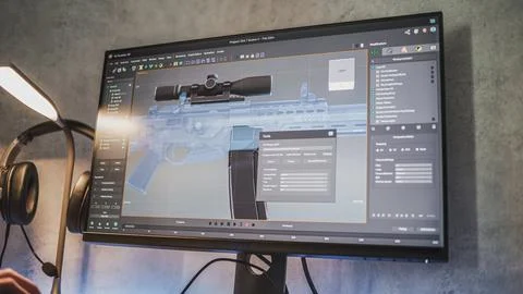 Professional design software with 3D model of sniper rifle on computer monitor Stock Photos