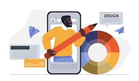 Professional designing content. Man with pencil on smartphone screen. Graphic 스톡 일러스트