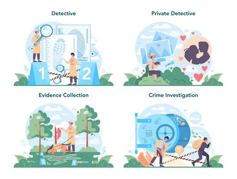 Professional detective concept set. Agent investigating a crime place Stock Illustration
