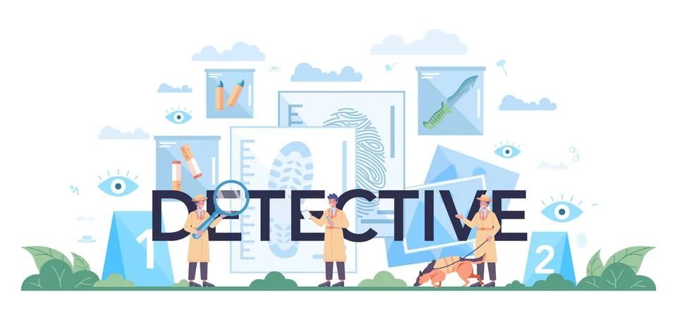 Professional detective typographic header. Agent investigating a crime place Stock Illustration