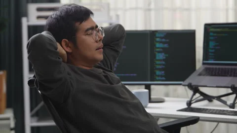 Professional Developer Taking a Moment to Stretch During Remote Working Stock Footage 336680634