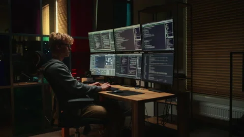 Professional Developer Using Multiple Displays And Coding In Office Stock Footage 223194995