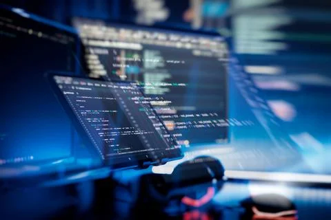 Professional Development programmer working background. Coding technologies w Stock Photos