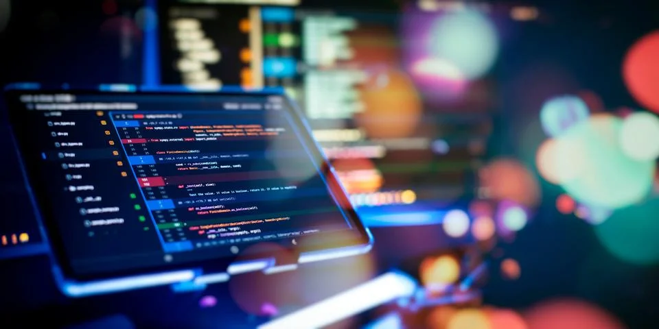 Professional Development programmer working background. Coding technologies w Stock-Fotos