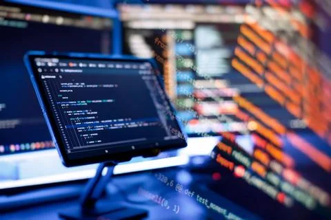 Professional Development programmer working background. Coding technologies w Stock-Fotos