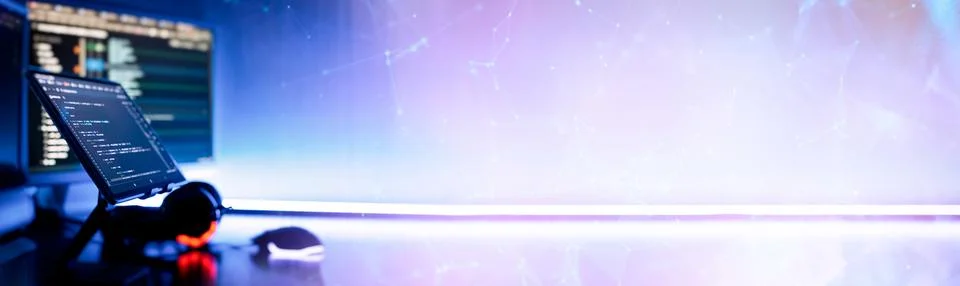 Professional Development programmer working background. Coding technologies w Stock Photos