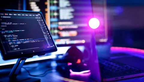 Professional Development programmer working background. Coding technologies w Stock-Fotos