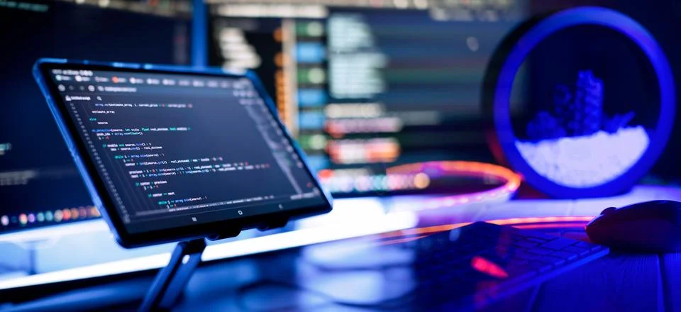 Professional Development programmer working background. Coding technologies w Stock-Fotos