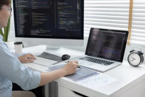 Professional development programmers are laying out a structure or draft on p Stock-Fotos