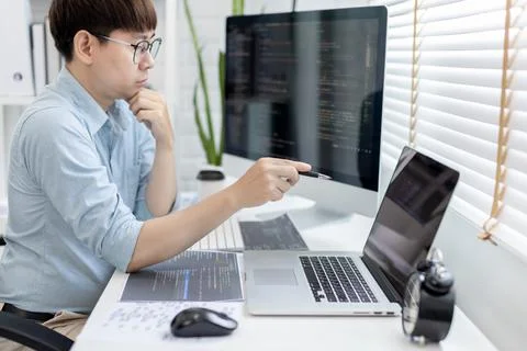 Professional development programmers are laying out a structure or draft on p 스톡 사진