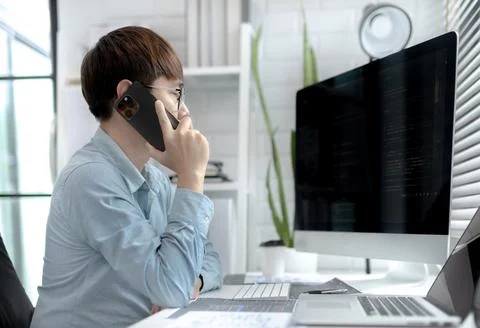 Professional development programmers are talking on the phone with their coll Stock-Fotos