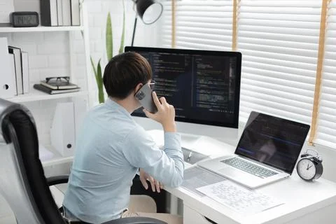 Professional development programmers are talking on the phone with their coll 스톡 사진