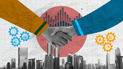 Professional digital collage of a handshake over a cityscape. Features a fi.. Stock Photos