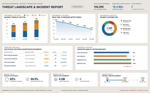 Professional digital dashboard showing cybersecurity metrics, incident trends Stock Illustration