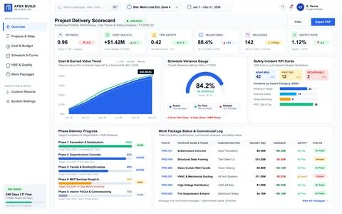 A professional digital interface displaying construction project metrics, fin Illustrazione stock