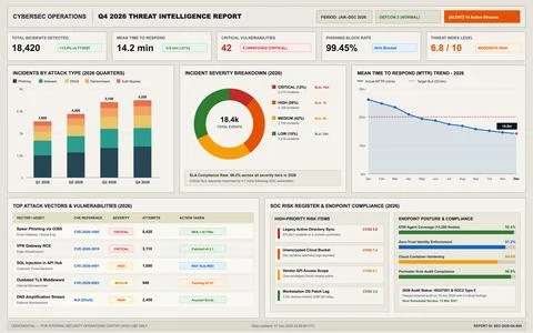 Professional digital interface displaying cybersecurity metrics, incident rep 스톡 일러스트