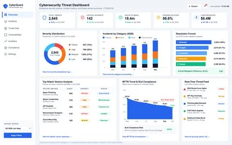 Professional digital interface displaying network security metrics, threat an Stockillustratie