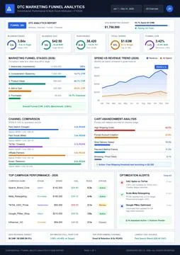 Professional digital marketing report featuring conversion funnels, revenue t Illustrazione stock