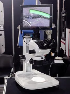 A professional digital microscope equipped with a high-resolution LCD monitor Fotos de archivo
