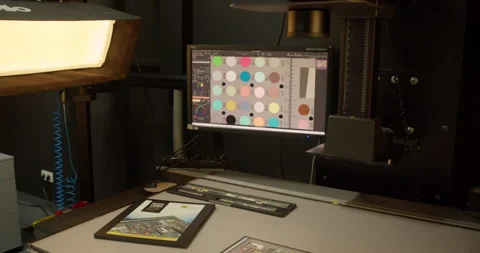 Professional digitization setup with camera, color charts. Stock Footage 313834226