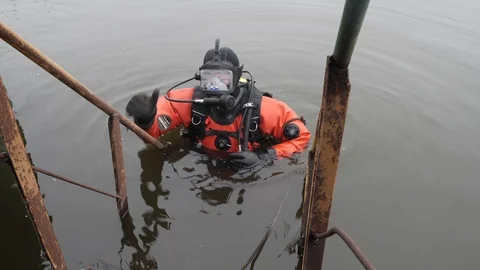 A professional diver in red diving equipment is preparing to dive. And he shows  Vidéo 115794672