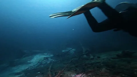 Professional diver swimming with a flashlight 動画素材 339221248