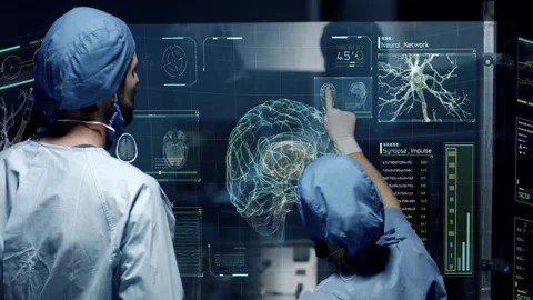 Professional Doctors Analyzing Human Brain Anatomy Scan on Futuristic Screen Stock Footage 204098197
