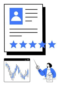 Professional document with profile and five-star rating, financial market cha 스톡 일러스트