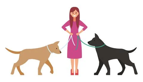 Professional dog walking. A man walks with a pet. Vector illustration isolate Stock Illustration