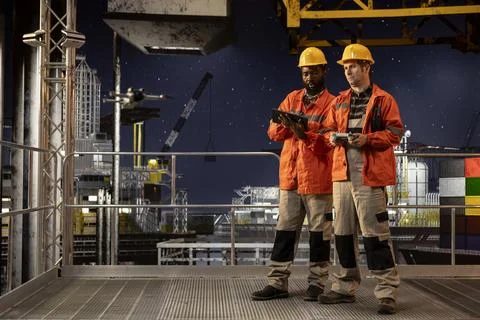 Professional drone operators flies a UAV around a drilling rig Stock Photos