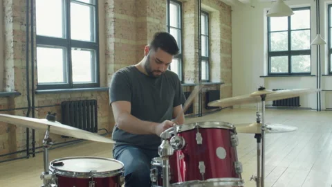 Professional Drummer Practicing Drumset in Studio Stock Footage 202267305